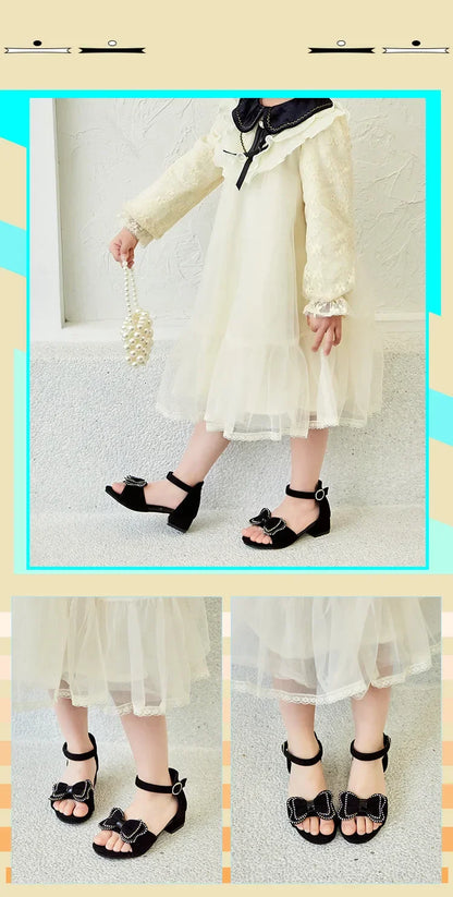 Girls Leather Shoes Anti Slip Summer Korean Style Children Fashionable Low Heels Hook & Loop Elegant Princess Mary Janes Wedding