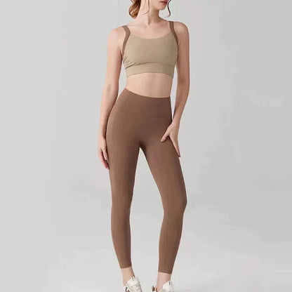 Women's Color-Block Quick-Drying Yoga Fitness Suit Cross-Back Sports Bra High-Waist Hip-Lifting Pants Gym Workout Ensemble