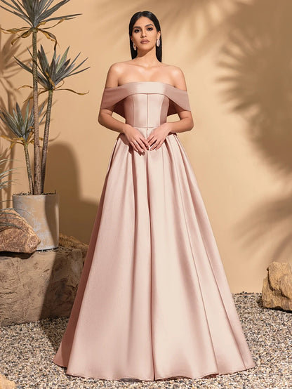 Off-the-shoulder satin dress with back tie, elegant and chic dress