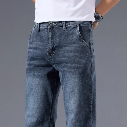 New Men's Light Business Micro Stretch Straight Fit Denim Pants Vintage Distressed All Season Wearable Long Pants