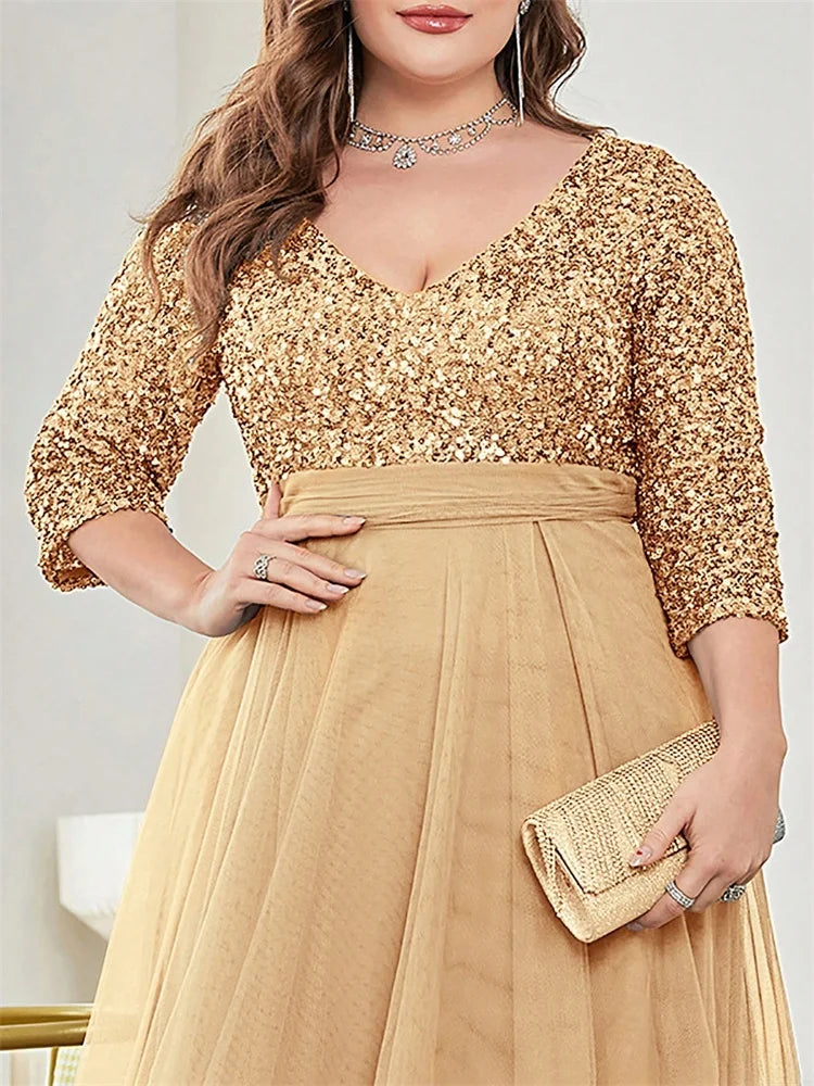 Plus Size Luxury Floor Length V-Neck Evening Dress 2025 Women Elegant Party Maxi Dress Sequin Short Sleeves Prom Cocktail Gown