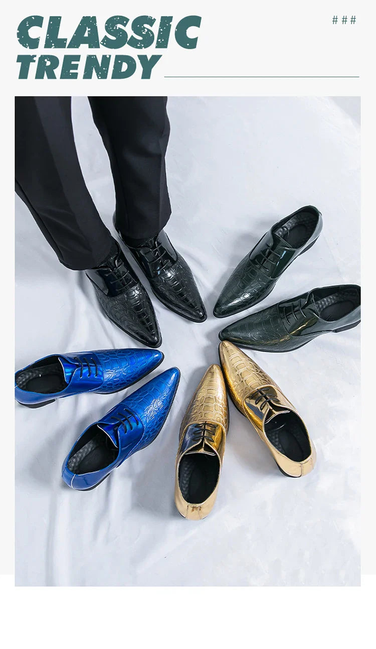 Luxury Wedding Dress Men High Heel Shoes Design Blue Man Patent Leather Shoes Party Men Pointed Toe Formal Shoes Zapatos Oxfords