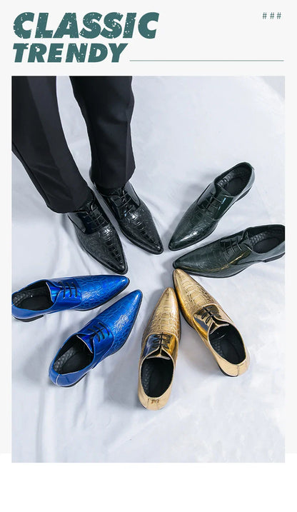 Luxury Wedding Dress Men High Heel Shoes Design Blue Man Patent Leather Shoes Party Men Pointed Toe Formal Shoes Zapatos Oxfords