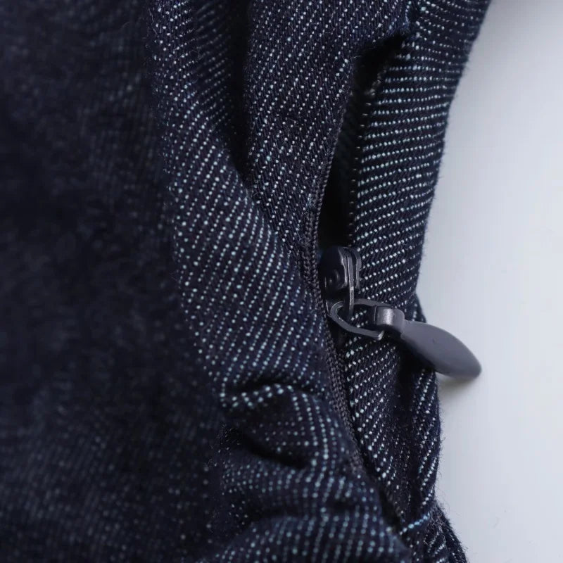 Spring New 1975 series denim MIDI dress with lapel side zipper fashion wrinkle waist slim elegant dress