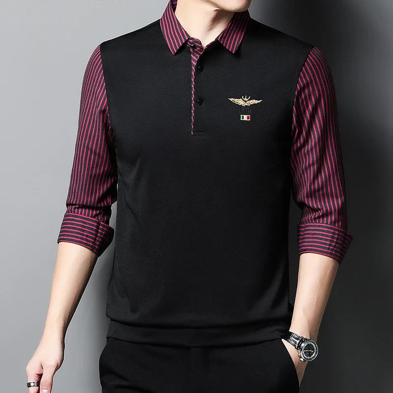 2025 New Men's Casual and Fashionable Long Sleeved POLO Shirt with Contrasting Print Anti Wrinkle Top