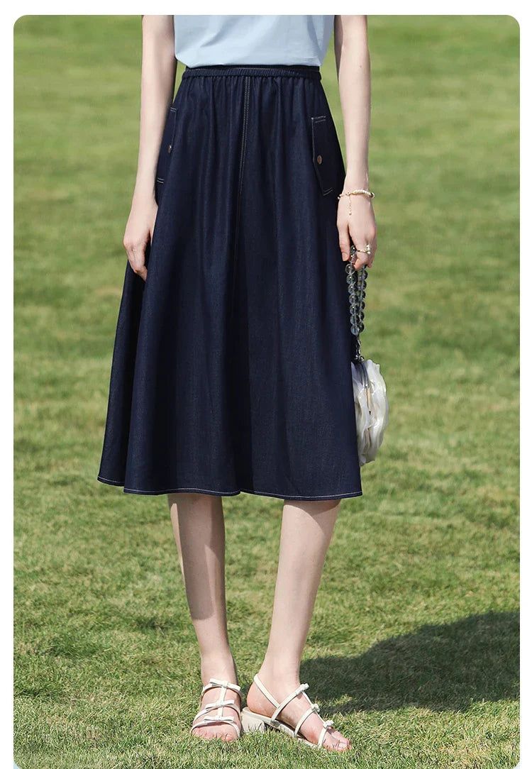 Dark Blue Denim Midi Skirt for Women 2026 Spring Elastic Waist Skirts Casual A-Line Skirt with Pockets 2261026207