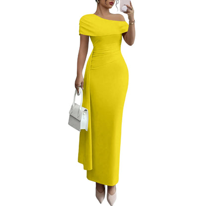 Vestidos Longos de Festa Sensuais para Mulheres, Vestido de Cor Sólida sem Mangas com Decote Diagonal, Vestido Maxi Plissado Justo, Vestido Bodycon Moderno