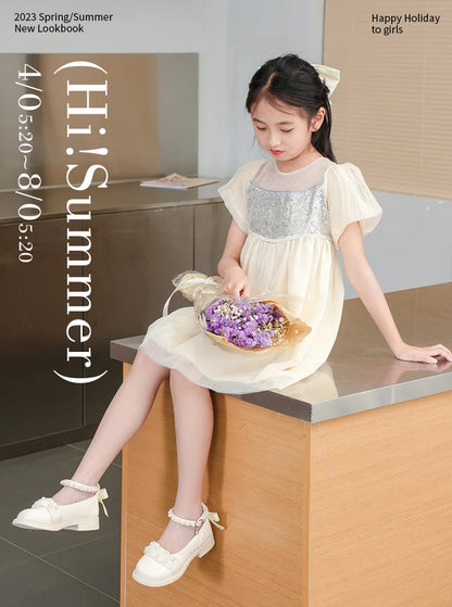 Girl's Mary Janes Organza Beautiful Sweet Children Princess Shoes Three Colors Cover Toe Ankle Strap 26-36 Kids Autumn Shoes