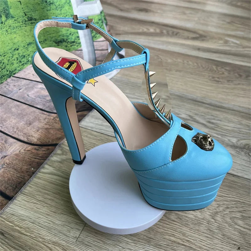 2026 Women's Round Head Sandals Thin Heels 5cm Thick Bottom Slope Heel Fish Mouth Rivet Sandal T-Platform Sandals Size34-43