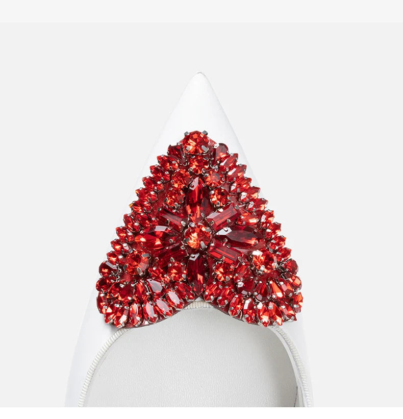 Red soled heart-shaped rhinestone white high-heeled shoes for women's 2025 wedding, exuding a refined and refined style