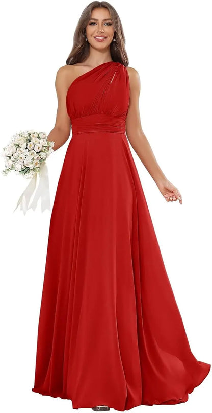 Vestidos de Daminha de Um Ombro para Mulheres Vestido de Noite Formal Longo de Chiffon Plissado Vestidos de Madrinha para Casamentos