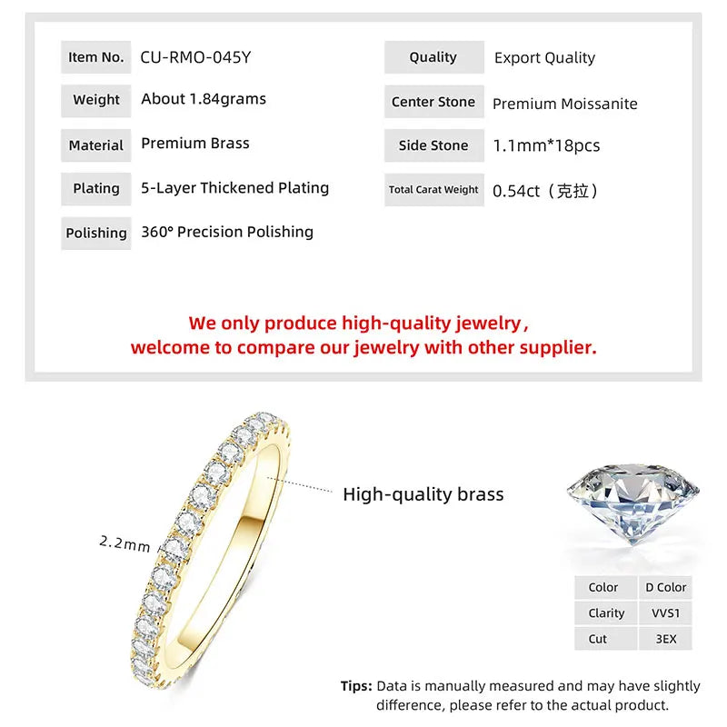14k Gold Filled Full Eternity Ring Sparkling 2mm D Color Moissanite Stackable Band Finger Jewelry for Womem GRA Cerificate