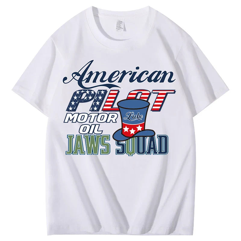Unisex  American Pilot Motor Oil Graphic T-Shirt USA Flag Print Casual Streetwear Short Sleeve Tee Tee for Men Women