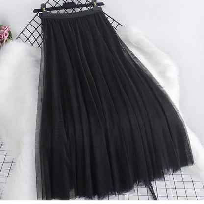 New large hem chiffon long skirt for women's Korean casual simple solid color three-layer A-line high waisted long skirt