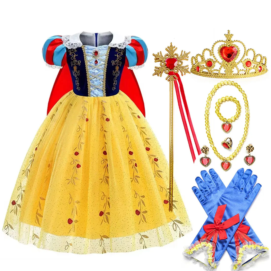 Vestido Laranja Disney Princesa Cosplay de Manga Curta Fofo com Renda para Meninas + Capa + Conjunto de Acessórios Presente de Aniversário