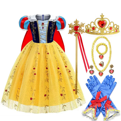 Vestido Laranja Disney Princesa Cosplay de Manga Curta Fofo com Renda para Meninas + Capa + Conjunto de Acessórios Presente de Aniversário
