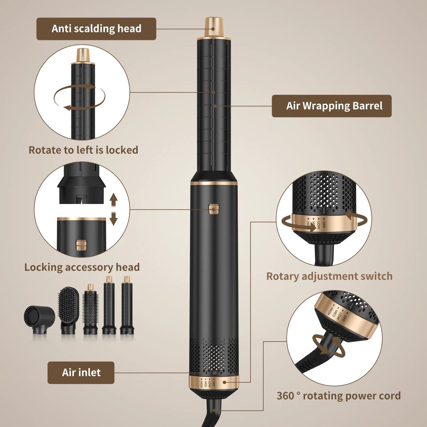Hair Dryer 5 in 1 Electric Comb Negative Ion Straightener Comb Curling Iron Detachable Multifunctional Heating Brush Hair Dryer