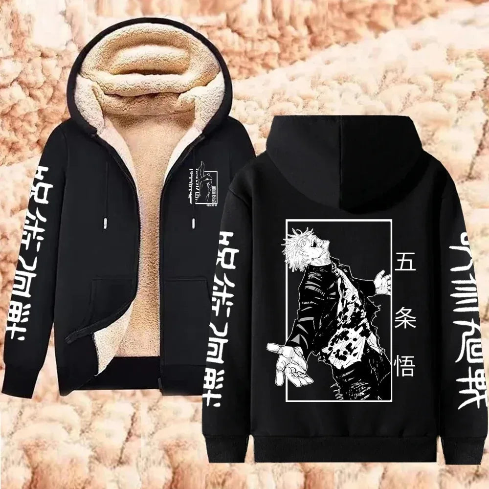 Jaqueta com Zíper Quente Gojo Satoru Anime Moletom Grosso Masculino Feminino Lã de Cordeiro Casual Manga Longa Streetwear