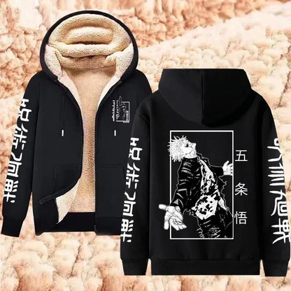 Jaqueta com Zíper Quente Gojo Satoru Anime Moletom Grosso Masculino Feminino Lã de Cordeiro Casual Manga Longa Streetwear