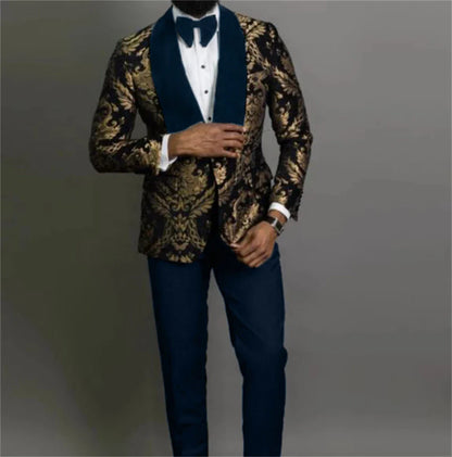 Fast Ship New Year Celebration Blue Gold Pattern Boys Suit Luxurious Ornate Boys Suit FormalKids Tuxedo Set Blazer Vest Pants