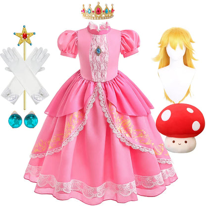 Fantasia de Princesa Pêssego com Luz LED Colorida para Aniversário de Criança Jogo de Roleplay Vestido de Menina para Halloween Festival Rosa Renda 2-9 Anos C