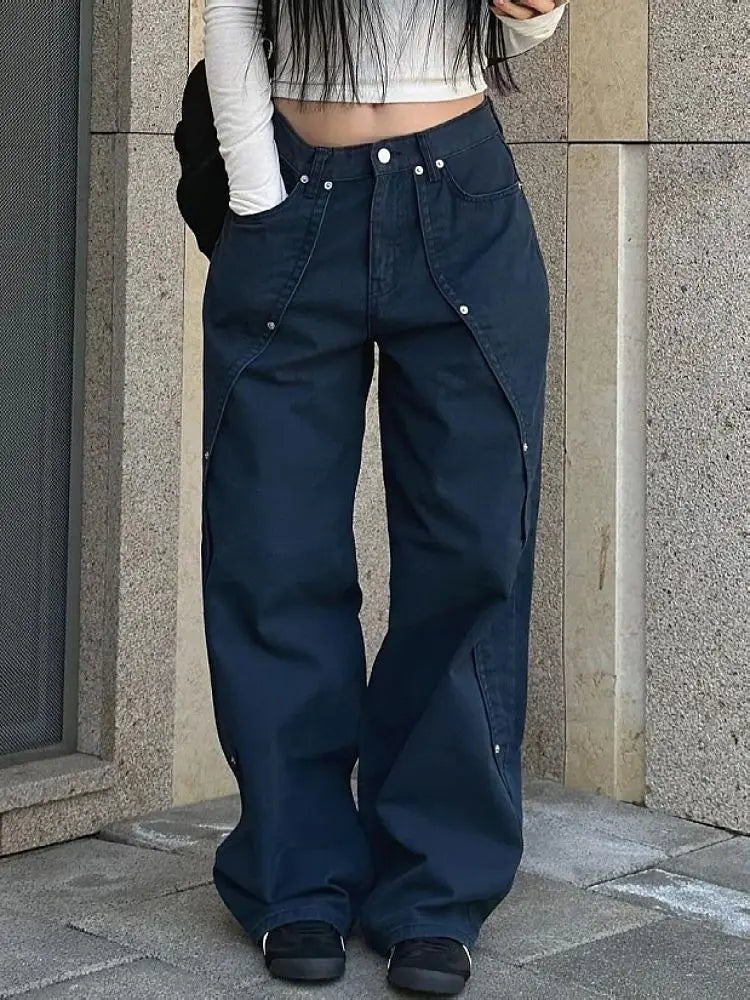 Jeans for Woman Y2k Clothes Relaxed Loose Fit Wide Leg Trousers Vintage American Retro Style with Rivet Patchwork Split Design