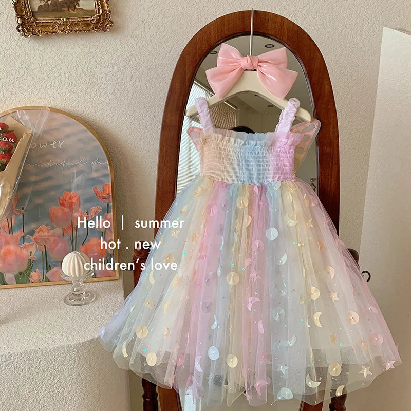 Korean Style New Summer Baby Girl Princess Dress Square Collar Mesh Sleeveless Dresses Children Clothing E23076