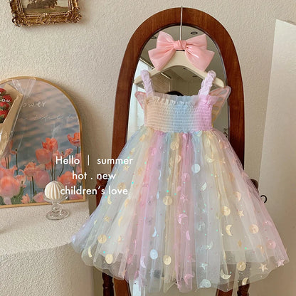 Korean Style New Summer Baby Girl Princess Dress Square Collar Mesh Sleeveless Dresses Children Clothing E23076