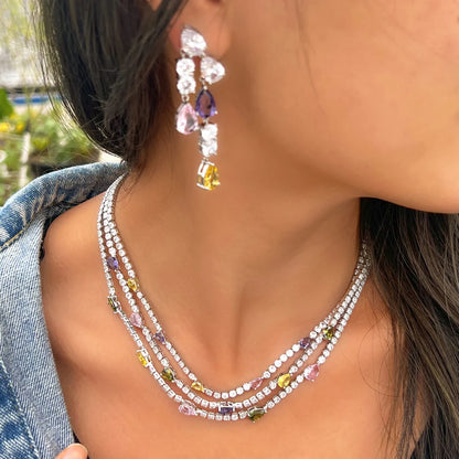 Shiny Colorful Cubic Zirconia 3 Rows Multi Layer Bridal Wedding Choker Necklace Earrings Jewelry Set for Women TZ784