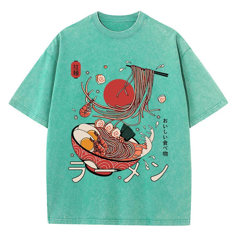 Ramen Noodles Cotton Washed T-Shirt Women Harajuku Printing Tops Comfortable O-Neck Oversized T Shirts All-Match Woman Clothes