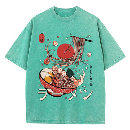Ramen Noodles Cotton Washed T-Shirt Women Harajuku Printing Tops Comfortable O-Neck Oversized T Shirts All-Match Woman Clothes