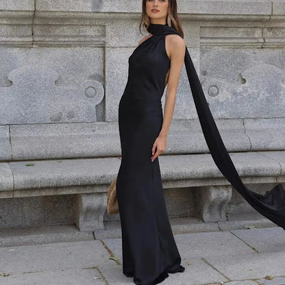 Elegant Women's Soft Silk Satin Long Dress Halter Backless Sleeveless Maxi Dresses Summer Lady Long Ribbon Party Gowns