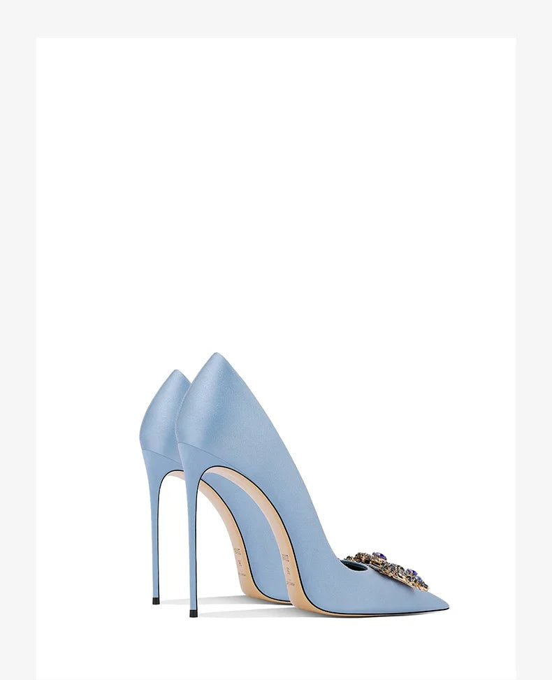 2026 Spring and Autumn New Women's Blue High Heels Pointed Thin Heel Rhinestone Square Buckle Dress Fashion Women's Shoes