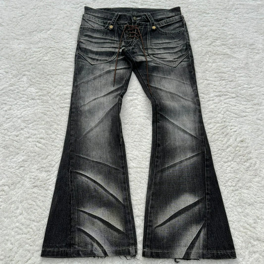Y2K Distressed Flare Jeans Gothic Men Double Waist Lace Up Denim Pants Retro Washed Scratches Streetwear Unisex Bootcut Jeans
