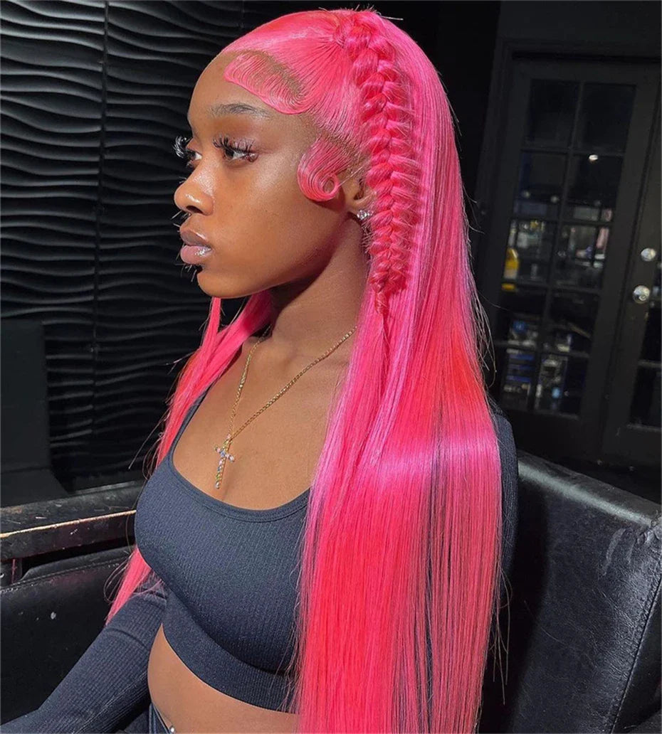 30 36 inch Hot Pink Transparent Lace Front Wig Human Hair 13x6 Lace Frontal Wigs For Women Long Straight Colored Human Hair Wigs