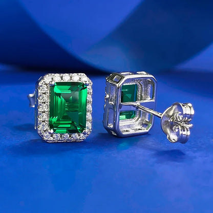 100% 925 Sterling Silver 6*8mm Synthetic Emerald Stud Earrings For Women Sparkling Wedding Party Fine Jewelry Wholesale