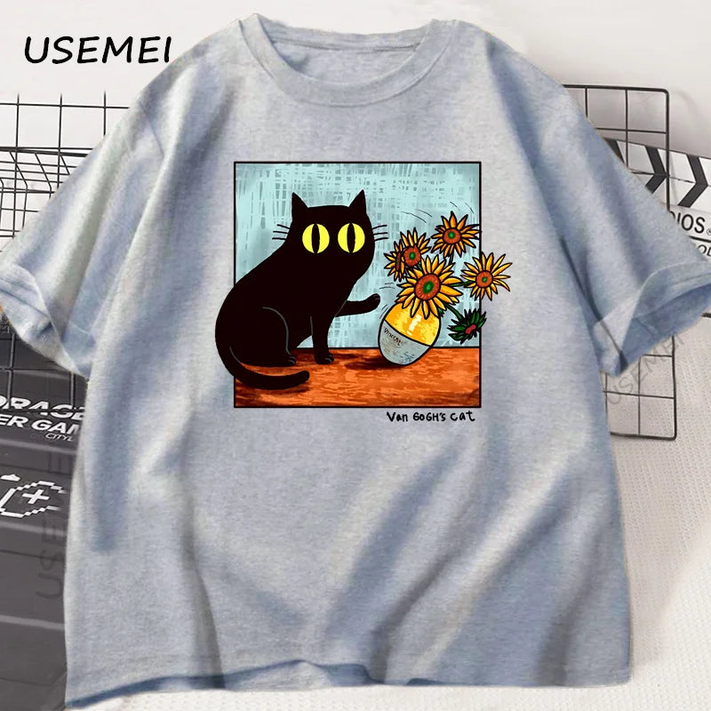T Shirts Men Women Flower Black Cat T-shirt Round Neck Cotton Short Sleeve Trendy Tee Shirt Streetwear