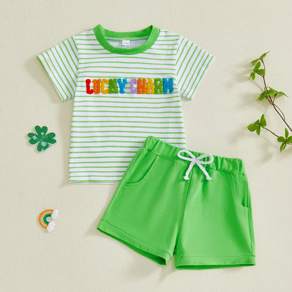 Summer St. Patrick's Day Kids Baby Boys Clothes Set Short Sleeve Letter Embroidery T-Shirt Shorts Outfits Clothes