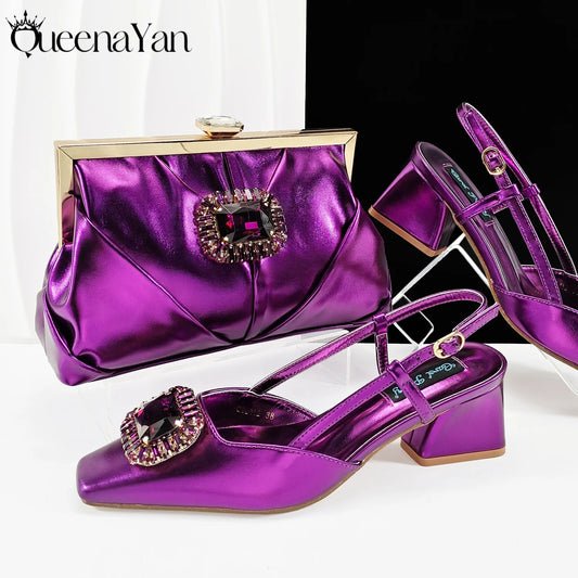 Nigerian Heel Party for Women Purple Color Shoes and Bag Set Rhinestone Handbag Italian Design Wedding