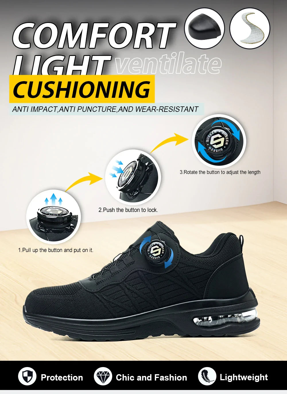 New Men's Rotary Buckle Safety Shoes Anti-Impact Anti-Piercing Lightweight Work Boots Fashion Sporty Design for Outdoor Pro