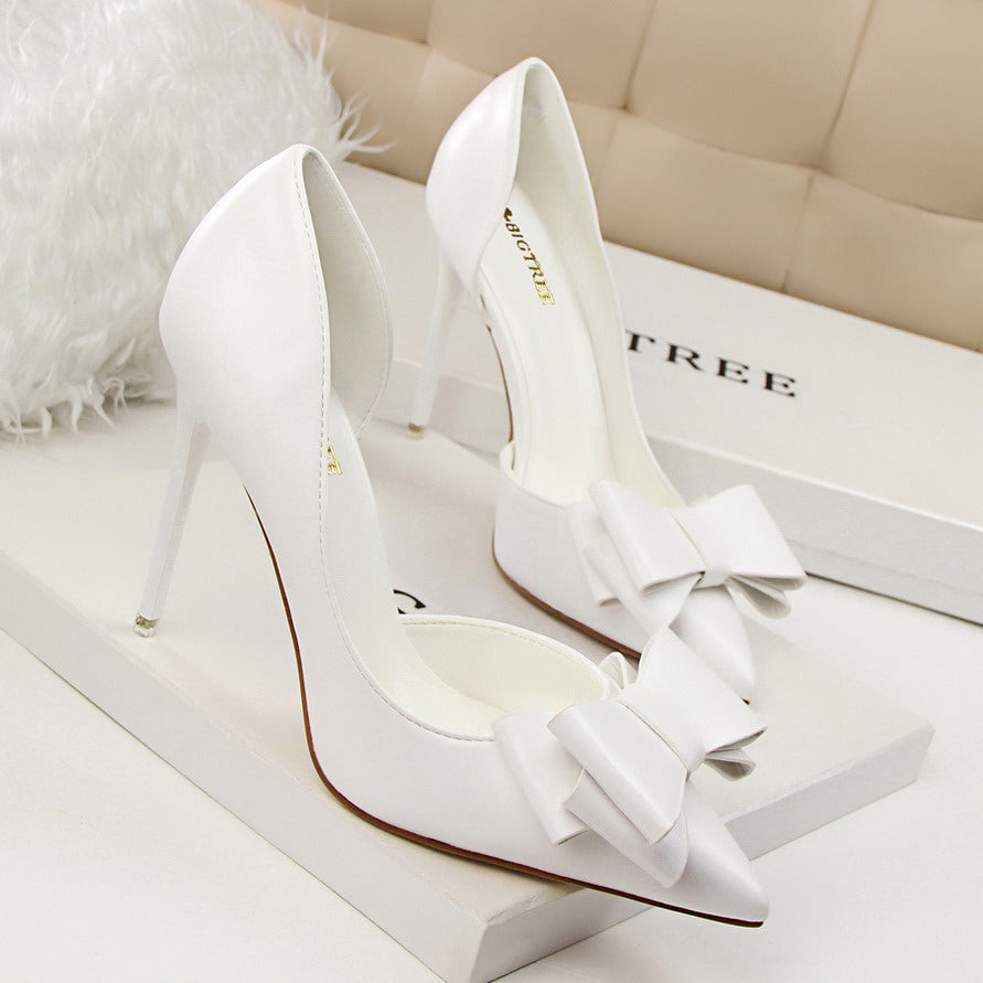 Women 7.5cm 10cm High Heels Korean Pumps Scarpins Cute Bow Middle Low Heels Lady Fetish Sweet Wedding Bridal Yellow Blue Shoes