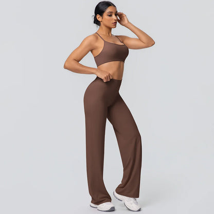 Women Gym Sports Yoga Suit Sexy Beautiful Back Yoga Underwear With Chest Pad Solid Color High Waisted Wide Leg Pants Yoga Set