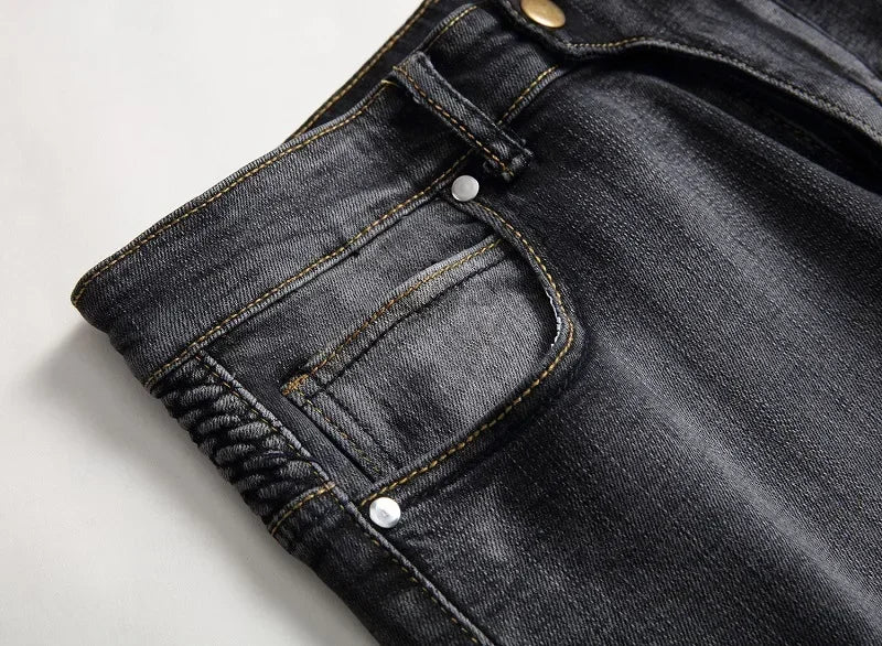 Calça Jeans Masculina Nova Casual Moto Hip Hop Rua Equitação Elástica Slim Reta Patchwork Moda Calças Jeans Masculinas