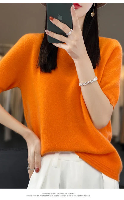 100% pure wool T-shirt spring and summer new women's O-neck pullover short sleeve loose five-sleeve sweater high-end top