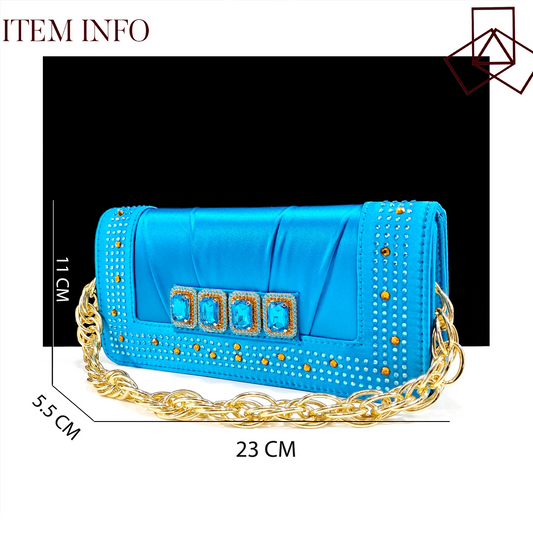 Summer New Design Specials Italian Women Shoes and Bag Set Sky Blue Color Comfortable Low Heels With Rhinestone