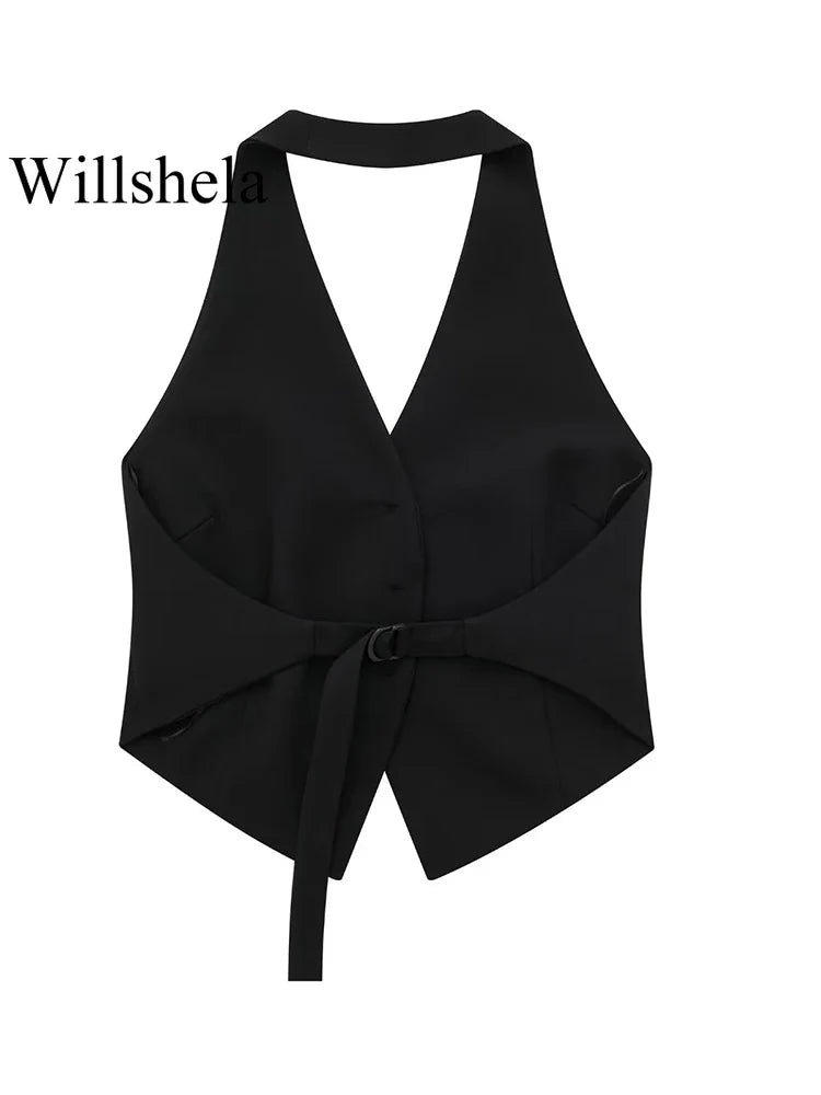 Women Fashion Black Backless Lace Up Waistcoats Vintage Halter Neck Sleeveless Jackets Female Chic Lady Tank Tops