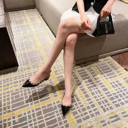 High-quality fashionable high-heeled shoes. Women's retro rivet pointed-toe patent leather casual comfortable office sandals