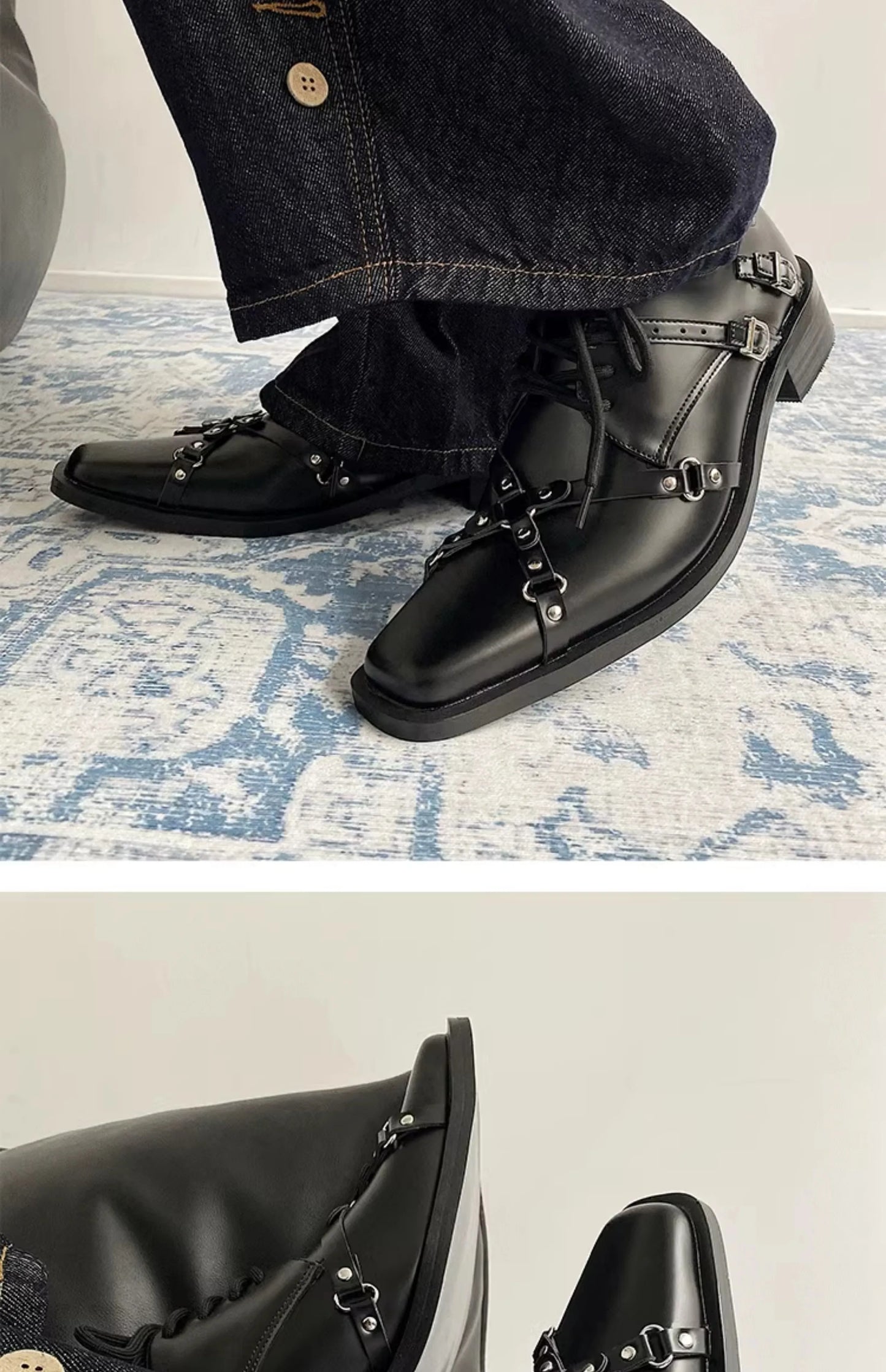 Men's formal leather shoes pointed niche design dark style Oxford shoes strap metal decoration business casual derby shoes
