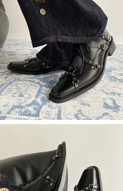 Men's formal leather shoes pointed niche design dark style Oxford shoes strap metal decoration business casual derby shoes