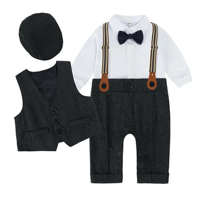 Toddler Gentleman Infant Baby Children Boys Clothes Set 3 Pcs Shirt Bow Tie Romper+Vest+Hat Newborn Dress Party Outfits Suit